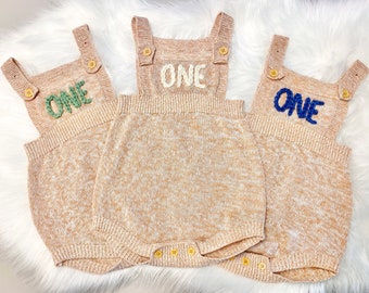 First Birthday Neutral One Boys Romper Outfit Brown Tan Cream 1st Birthday Knitted Hand Embroidered Suspenders Boho Baby Boys Birthday