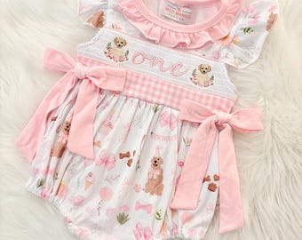 First Birthday Smocked Bubble Romper: Girls Pink Gingham Puppies and Bows, One Golden Year