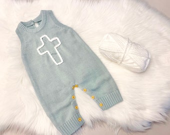 Baby Boys Easter Cross Romper Outfit John Johns Blue and White Knitted Hand Embroidered Christian Pants Romper Outfit for Baby Hand Stitched