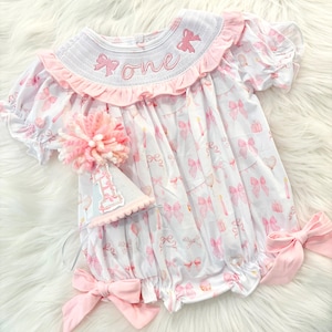 pink bow first birthday girl romper pink and white outfit, pink white smocked bubble romper first birthday winter bows ruffle bows  embroidered smocked long sleeve 1st birthday outfit romper baby girls
