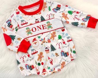 Oh What Fun First Birthday Smocked Romper: Boys Christmas Gingerbread Outfit