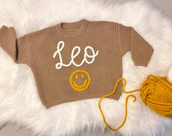 Personalized Smiley Face Sweater Hand Embroidered with Name for Baby Toddler Boys and Girls, Happy Custom Name Sweater Shirt