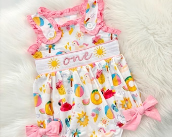 Sunshine First Birthday Smocked Romper: Girls Pink One in the Sun Outfit
