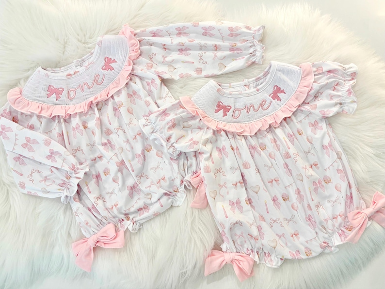 pink bow first birthday girl romper pink and white outfit, pink white smocked bubble romper first birthday winter bows ruffle bows  embroidered smocked long sleeve 1st birthday outfit romper baby girls