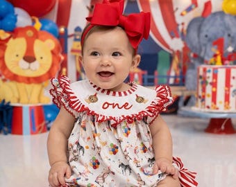 Circus Party Animals First Birthday Smocked Red Bow Bubble Romper Outfit