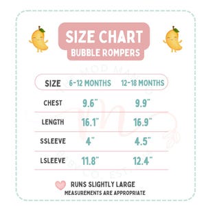May include: A size chart for bubble rompers, with measurements for 6-12 and 12-18 month sizes. Chest measurements are 9.6" and 9.9", length is 16.1" and 16.9", short sleeve is 4" and 4.5", and long sleeve is 11.8" and 12.4". The chart includes a note that the rompers run slightly large.