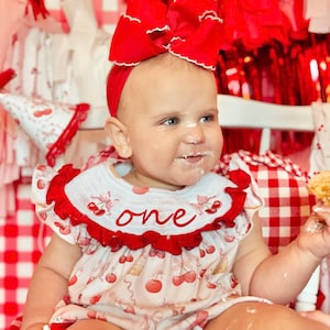 Cherry First Birthday Smocked Romper: Red & Pink Outfit