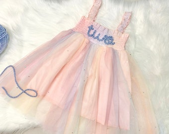 Sparkle Pastel Rainbow 2nd Birthday Outfit Girl Tutu Dress, Colorful Pink Lavender Pastel Rainbow Second Birthday Outfit Spring Tulle Dress
