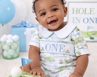 Golf First Birthday Smocked Romper: Boys Hole in ONE Par Tee Outfit