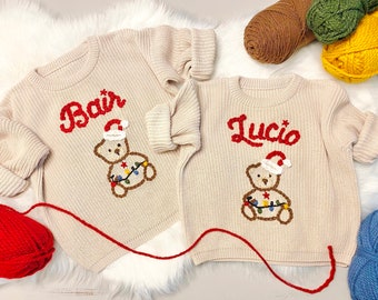 Hand Embroidered Baby Name Oversized Christmas Sweater for Baby Boys and Toddler Boys, Baby Toddler Custom Teddy Bear Holiday Sweater