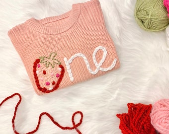 Strawberry 1st Birthday One Sweater Shirt Outfit, Blush Pink and Red Berry First Birthday Strawberry Hand Embroidered Sweater for Baby Girls