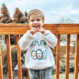 Boys Easter Eggs Personalized Baby Toddler Sweater Outfit, Hand Embroidered Custom Colored Egg Spring Blue Colorful Easter Shirt with Name