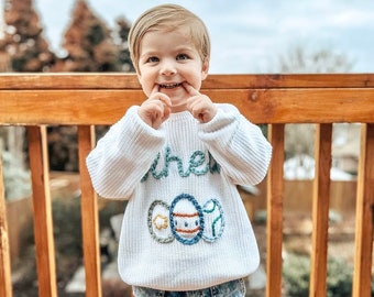 Boys Easter Eggs Personalized Baby Toddler Sweater Outfit, Hand Embroidered Custom Colored Egg Spring Blue Colorful Easter Shirt with Name