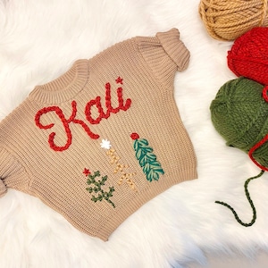 Baby Name Sweater, Baby Christmas Sweater Personalized, Christmas Tree Sweater with Name, Holiday Sweater, Boys Christmas Sweater, Red and Green with Christmas Trees Sweater, chunky knit personalized christmas tree sweater