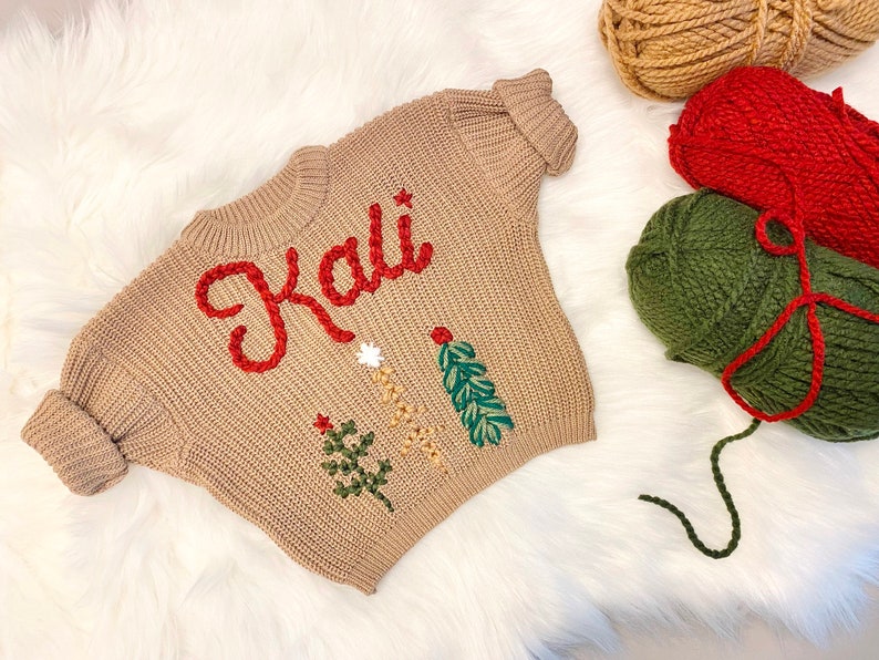 Baby Name Sweater, Baby Christmas Sweater Personalized, Christmas Tree Sweater with Name, Holiday Sweater, Boys Christmas Sweater, Red and Green with Christmas Trees Sweater, chunky knit personalized christmas tree sweater