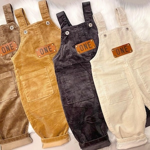 Boys First Birthday Corduroy Overalls: Leather Patch ONE Romper