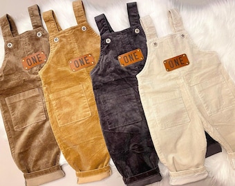 Boys First Birthday Corduroy Overalls: Leather Patch ONE Romper