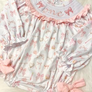 pink bow first birthday girl romper pink and white outfit, pink white smocked bubble romper first birthday winter bows ruffle bows  embroidered smocked long sleeve 1st birthday outfit romper baby girls