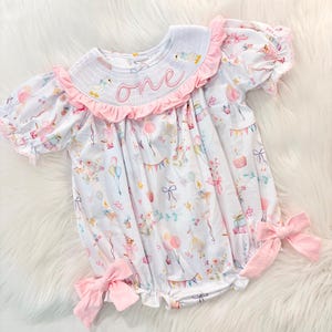 ONE Silly Goose First Birthday Girl Bubble Romper Outfit, Smocked First Birthday Girl Ruffle Romper Outfit Baby Girls 1st Birthday Smock Bow
