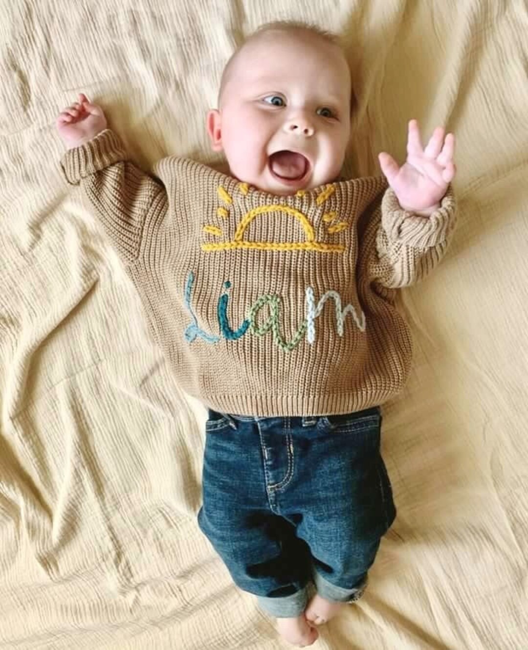Hand Embroidered Personalized Boys Oversized Sunshine Baby Name Sweater
