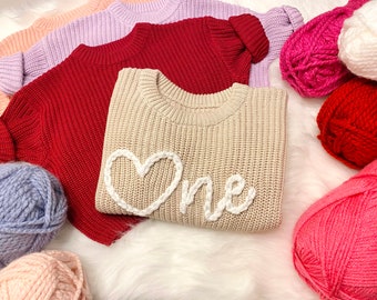 Valentines First Birthday ONE Heart Sweater, Hand Embroidered Chunky Knit Oversized Baby Sweater for Girls, Valentines 1st Birthday Outfit