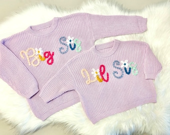 Big Sis Lil Sis Matching Sisters Hand Embroidered Sweaters, Big Sister Little Sister Shirts Oversized Baby Toddler, Pregnancy Announcement