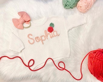 Sweet Rose Baby Girls Hand Embroidered Sweater with Name, Oversized Sweater Chunky Knit Newborn Baby Gift Milestone Toddler Personalized