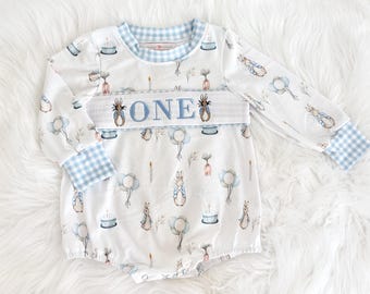 Peter Rabbit First Birthday Smocked Romper - Some Bunny is ONE