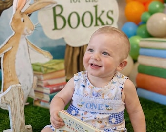 One For the Books Smocked Romper: Baby Boys First Birthday Outfit