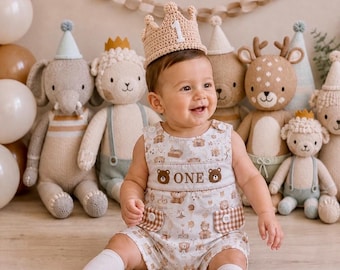 Teddy Bear First Birthday Smocked Romper: Beary 1st Neutral Baby Boy Outfit