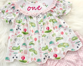 Hole in ONE Golf 1st Birthday Outfit: Girls Smocked Shirt and Bubble Shorts
