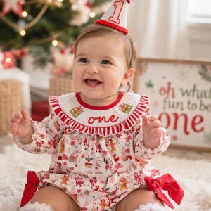 May include: A white long-sleeve romper featuring a red and green holiday-themed print of gingerbread men and gifts, with a ruffled collar embroidered with the word one. Includes a matching white party hat with a red number one and pom-pom.