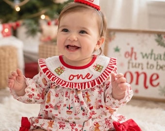 Oh What Fun First Birthday Smocked Bubble Romper: Girls Red and Pink Christmas Outfit