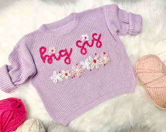 Custom Big Sis Big Sister Sweater Hand Embroidered with Colorful Flowers for Toddler Girls Sister Gift Pregnancy Announcement Chunky Knit