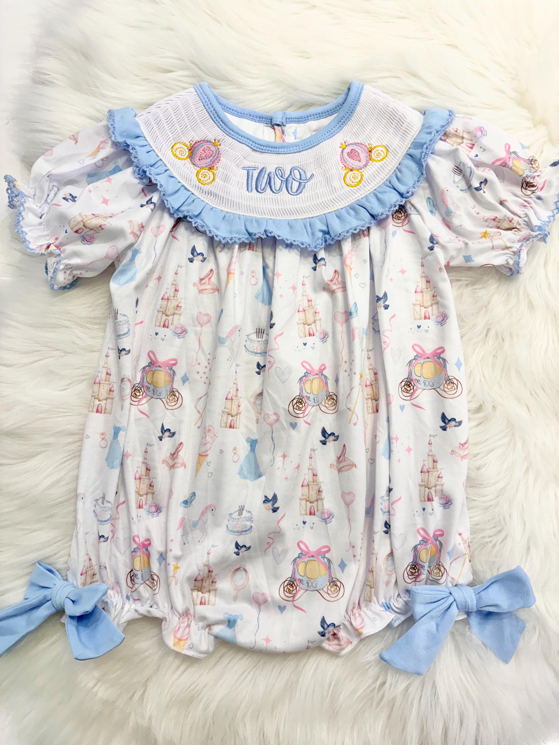 Bibbidi Bobbidi TWO Princess Second Birthday Smocked Romper: Blue ...