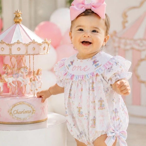 Carousel First Birthday Smocked Romper, First Go Round Embroidered Outfit