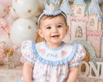 Princess 1st Birthday Smocked Romper: One-ce Upon a Time Blue Ruffles and Bows