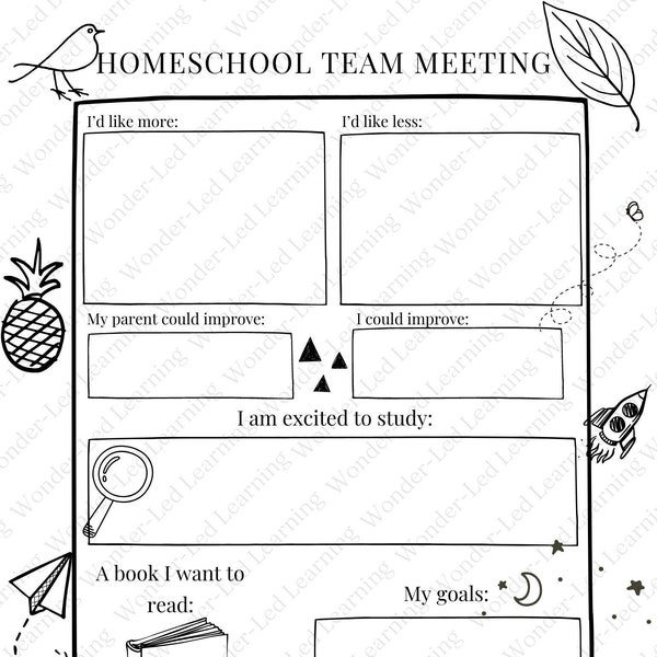 Homeschool Team Meeting guide, homeschool planner printable, homeschool interview page, homeschool kids planner, homeschool downloads