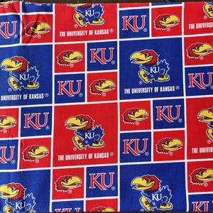 The University of Kansas Jayhawks Blue and Crimson Logo Fabric, 100% Cotton, for Quilting, Sewing, Crafts, Journals, Fan Apparel