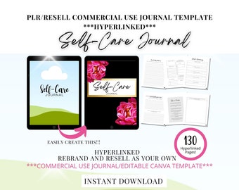 May include: A digital product mockup showing a self-care journal template with two different cover designs. One cover features a green landscape with a white cloud and the other cover features a pink floral design. The text "Self-Care Journal" is displayed on both covers. The journal template includes 130 hyperlinked pages and is available for instant download.