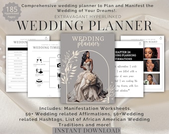 Planejadores de casamento para mulheres afro-americanas, Planejador digital com hiperlinks, Afirmações para noivas, Planejador de casamento Goodnotes
