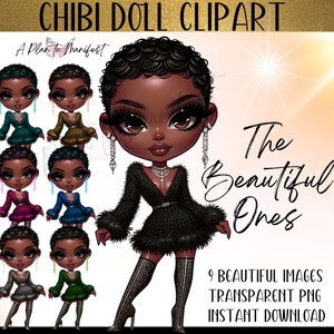 African American Chibi Doll Clipart Xmas Chibi PNG Sublimation Melanin Chibi Digi Doll Bundle for POD, Chibi Notebook Cover, Journal Covers