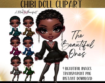 African American Chibi Doll Clipart Xmas Chibi PNG Sublimation Melanin Chibi Digi Doll Bundle for POD, Chibi Notebook Cover, Journal Covers