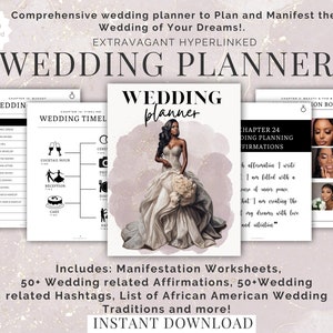 May include: A digital wedding planner with a pink background and a black and white illustration of a bride. The planner includes a wedding timeline, budget, beauty and the bride section, and wedding planning affirmations. The text "WEDDING PLANNER" is in large, bold letters at the top of the image. The text "Includes: Manifestation Worksheets, 50+ Wedding related Affirmations, 50+ Wedding related Hashtags, List of African American Wedding Traditions and more! INSTANT DOWNLOAD" is at the bottom of the image.