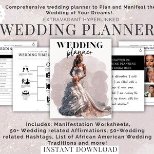 May include: A digital wedding planner with a pink background and a black and white image of a bride in a white dress. The planner includes a wedding timeline, a beauty and the bride vision board, and wedding planning affirmations. The text "185 Hyperlinked Pages!" is in the top left corner. The text "WEDDING PLANNER" is in large black letters at the top of the image. The text "Includes: Manifestation Worksheets, 50+ Wedding related Affirmations, 50+ Wedding related Hashtags, List of African American Wedding Traditions and more! INSTANT DOWNLOAD" is at the bottom of the image.