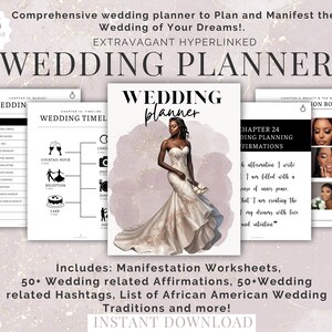 May include: A wedding planner with a black and white illustration of a bride in a white gown. The planner includes a timeline, budget, and affirmation worksheets. The text "Wedding Planner" is in large, bold letters at the top of the page.
