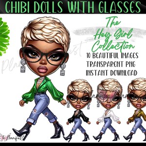 Cute Chibi Doll Clipart Digital Stickers,Clipart Digi Doll Bundle, Glamour Planner Dashboard Black Chibi Girl Clipart Chibi with Glasses