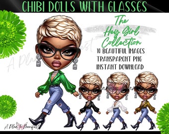 Cute Chibi Doll Clipart Digital Stickers,Clipart Digi Doll Bundle, Glamour Planner Dashboard Black Chibi Girl Clipart Chibi with Glasses