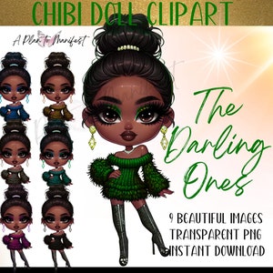 African American Chibi Doll Clipart  Chibi Digital Stickers Melanin Chibi Digi Doll Bundle for POD, Chibi Journal Cover, Planner Dashboard