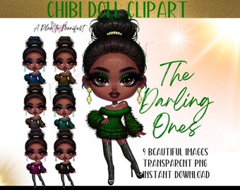 African American Chibi Doll Clipart  Chibi Digital Stickers Melanin Chibi Digi Doll Bundle for POD, Chibi Journal Cover, Planner Dashboard